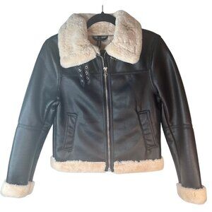 H&M Womens XS Black Faux Leather & Cream Faux Fur Trim Jacket
